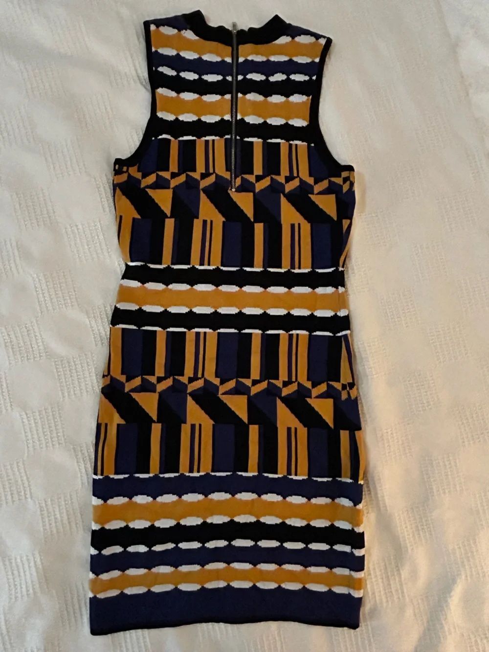 Jealous, tomato Sleeveless Geometric Knit Dress in Navy and Mustard size small - Picture 2 of 6